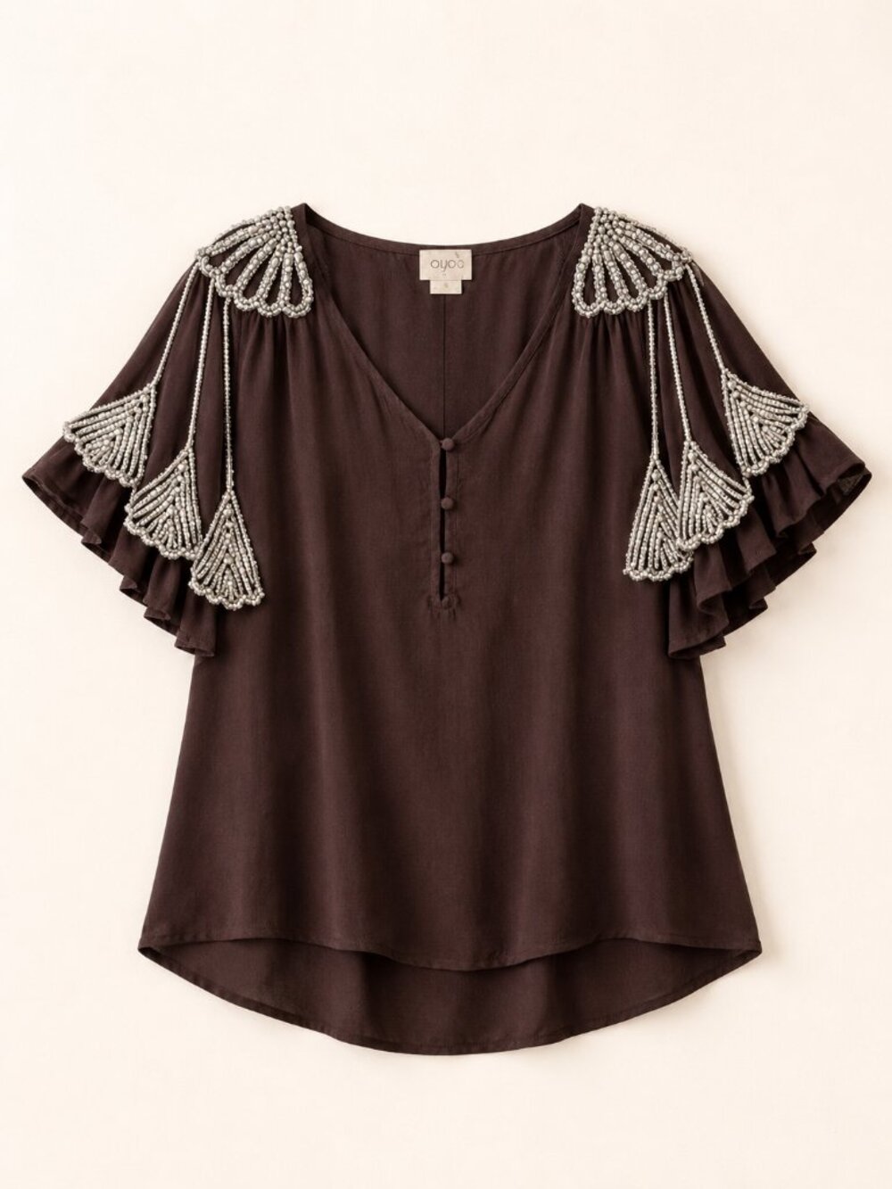 Boyod Brown Beaded Shoulder Blouse XS V-Neck Flutter Sleeve